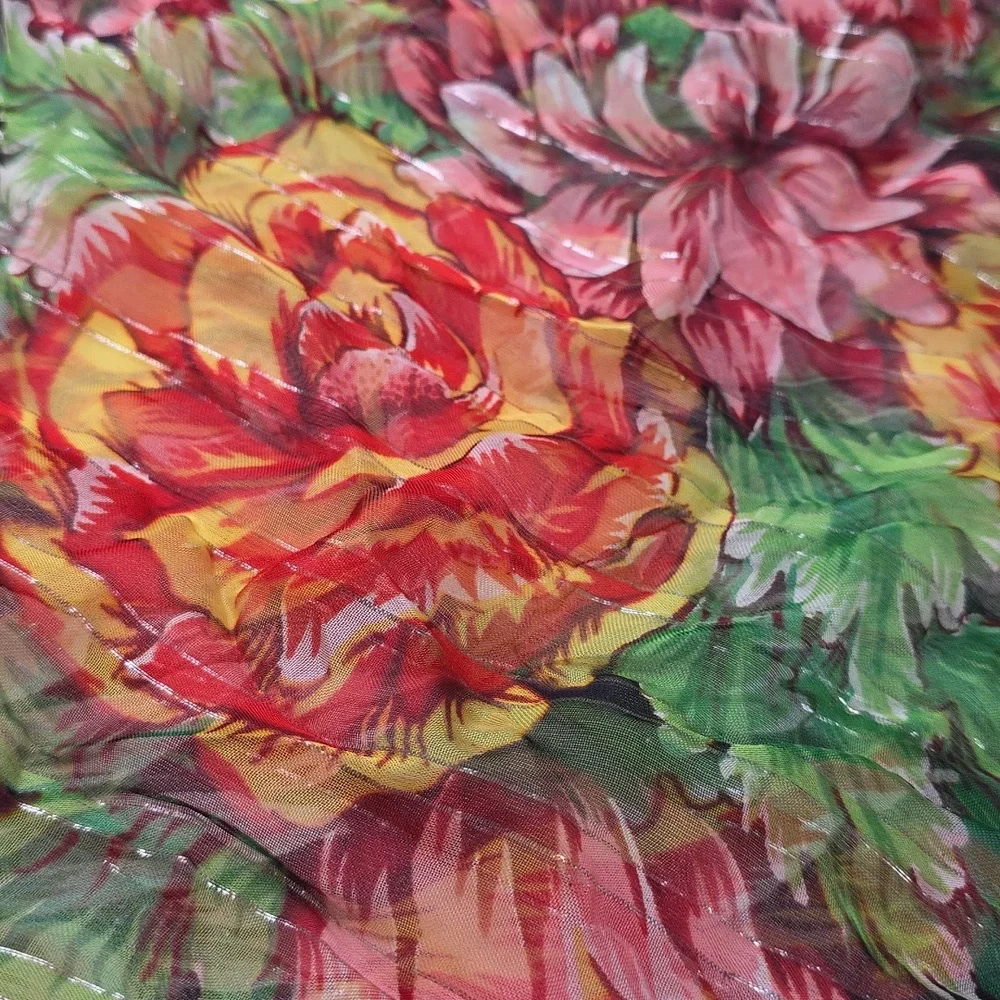 Vibrant Colorful Floral‎ Sheer Scarf Beach Wrap Silver Threads 40in EUC